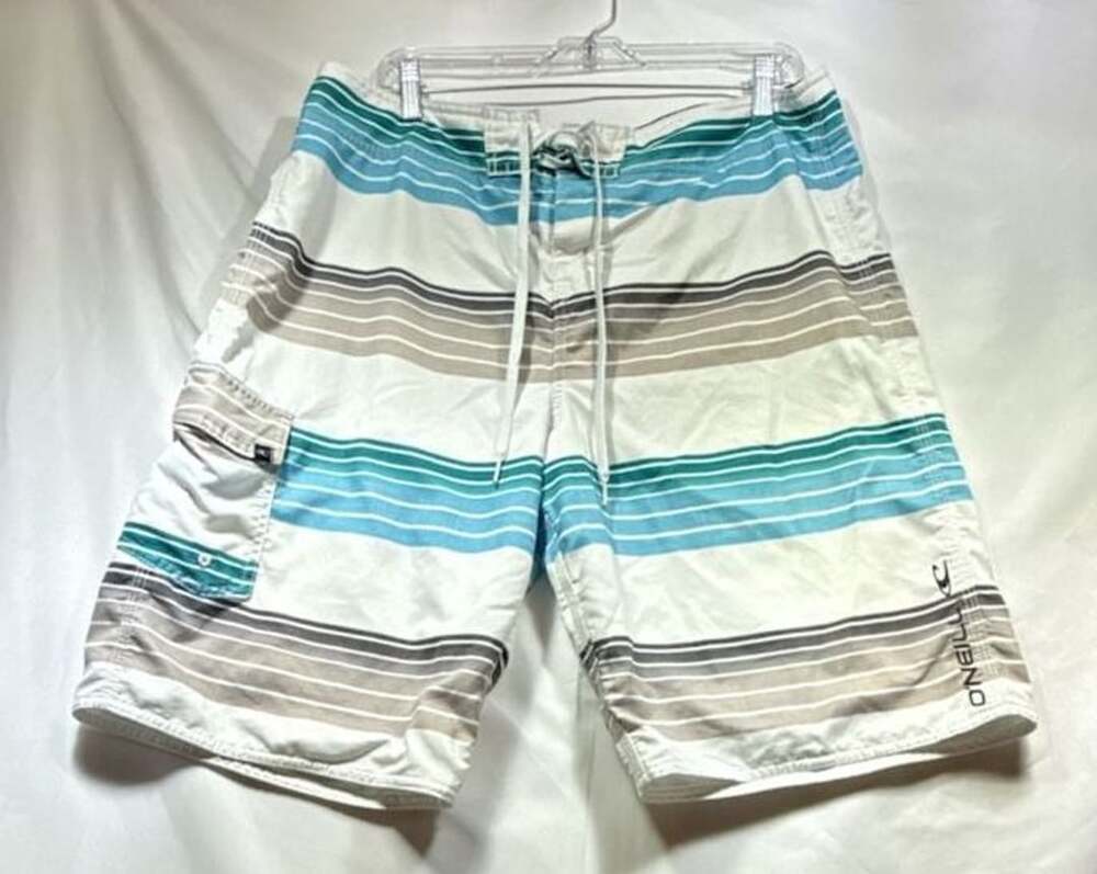 O'Neill Men's Striped Boardshorts Swim Trunks White Teal Blue Brown Size 36